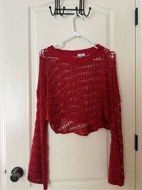 Tobi Red Open-Weave Cropped Sweater